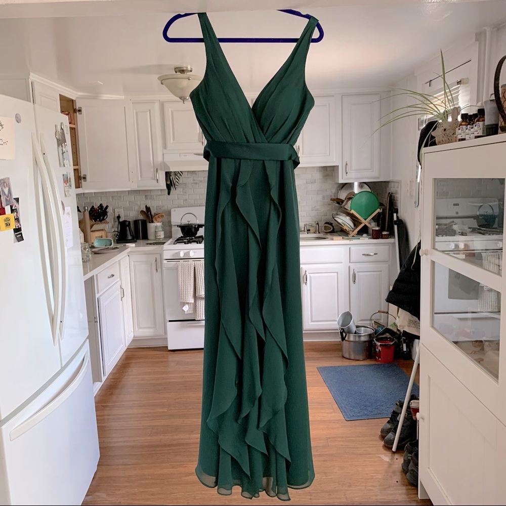 White by Vera Wang: V-NECK WRAPPED BODICE DRESS WITH SATIN BELT